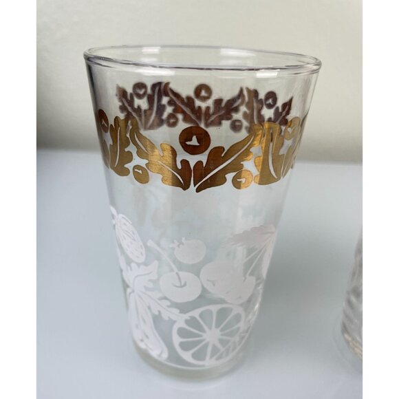 Set of 3 Vintage Mid-Century Modern Fruit Design Glass Tumbler White Gold Dining - Picture 6 of 11